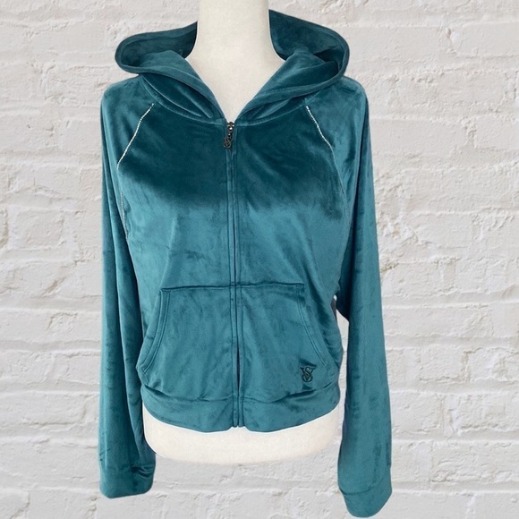 Victoria's Secret Velour Cropped Tracksuit Zip Hoodie Rhinestone Jacket Y2K Fall - Picture 1 of 17